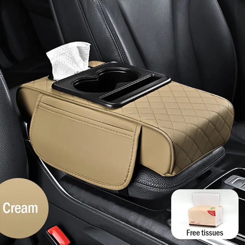 Almofada de apoio de braço para automóvel em pele universal 4 em 1 ✅ Caixa de lenços embutida ✅ Suporte para copos