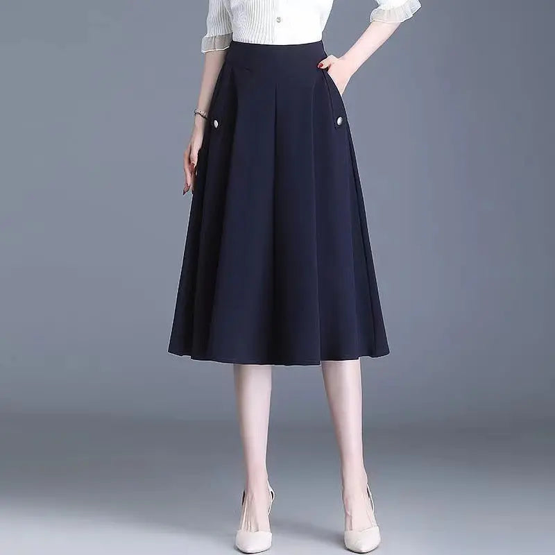 ✨Nova saia versátil estilo A com corte meio corpo. Saia de meia-comprimento com cintura elástica e bolsos