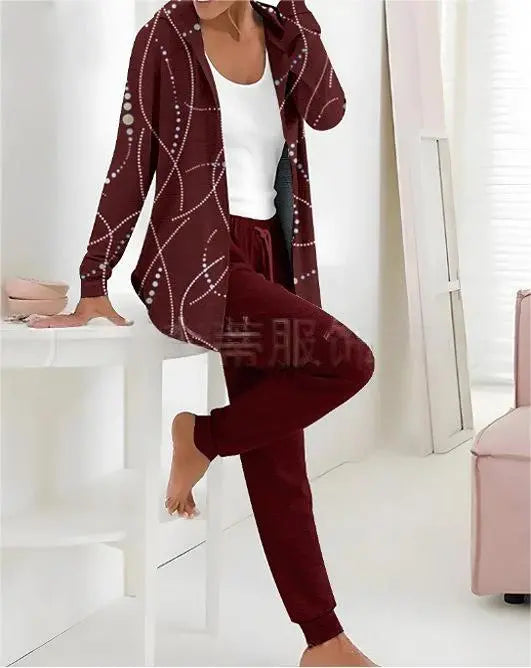 🔥Conjunto de duas peças de fato casual estampado feminino para o outono e inverno, calças de manga comprida