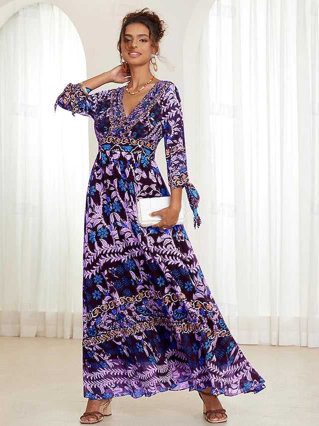 💟【S-5XL】👗Abito ampio con scollo a V e volant floreali per donna, estate novembre 2024, stile bohémien per le vacanze