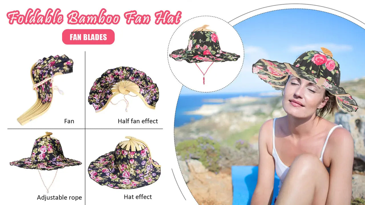 🌺 Cappello da viaggio pieghevole in bambù con ventaglio e parasole