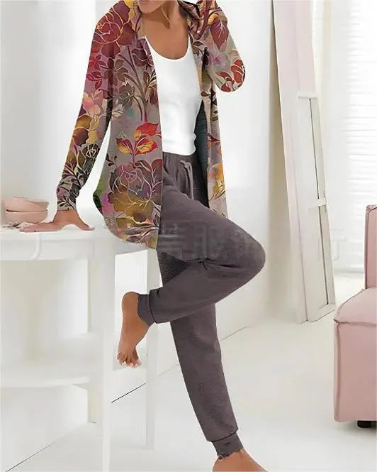 🔥Conjunto de duas peças de fato casual estampado feminino para o outono e inverno, calças de manga comprida