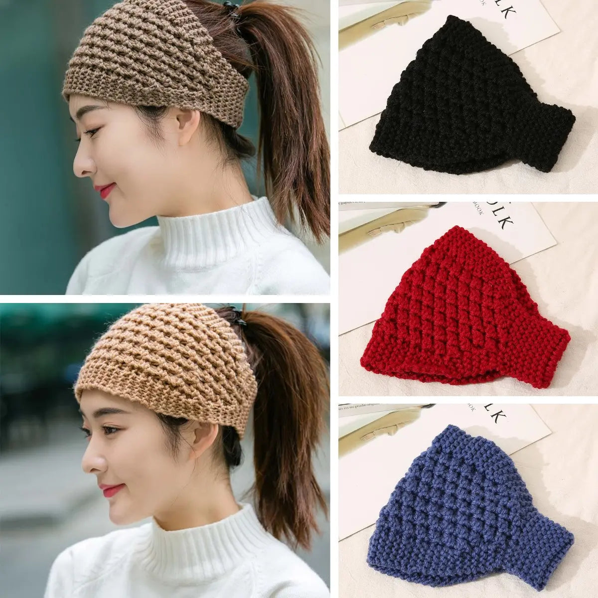 🔥【5/10 peças】Faixa de cabeça larga elástica de lã quente tricotada à mão para o outono e inverno, adequada para ioga e corrida