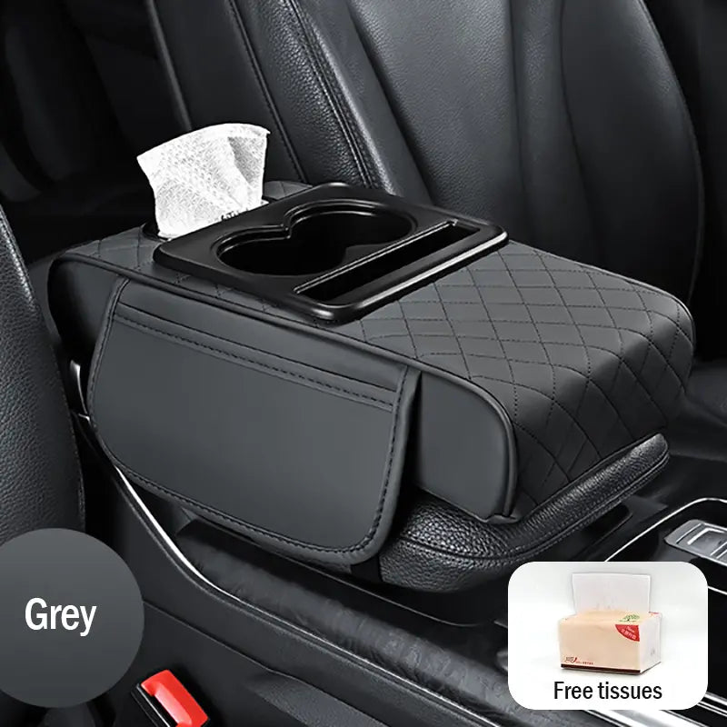 Almofada de apoio de braço para automóvel em pele universal 4 em 1 ✅ Caixa de lenços embutida ✅ Suporte para copos