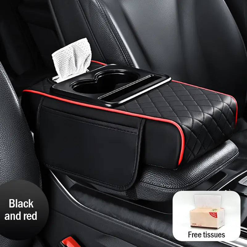 Almofada de apoio de braço para automóvel em pele universal 4 em 1 ✅ Caixa de lenços embutida ✅ Suporte para copos