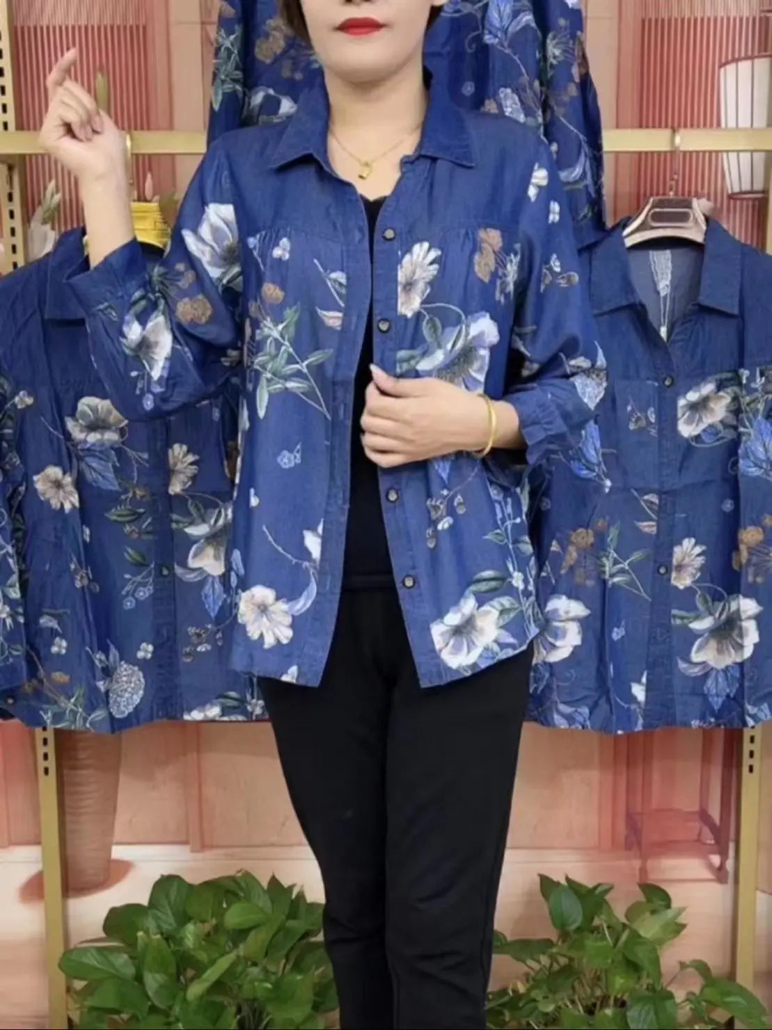 đ„ăS - 5XLăCamicia in denim di seta ghiacciata per mamme di mezza etĂ