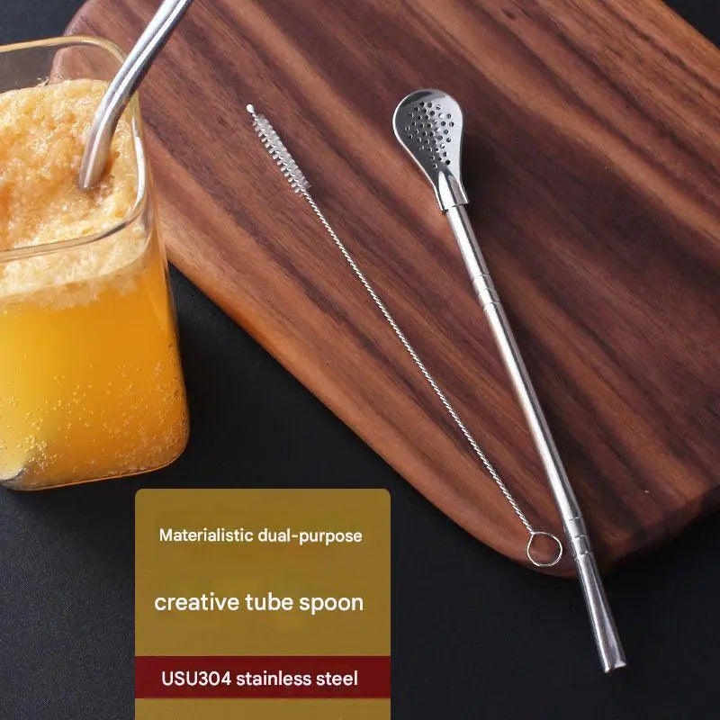 【Set da 3/6/9】Cucchiaio di cannuccia in acciaio inossidabile 304 a doppio uso, creativo, per mescolare il caffè, filtro per cannuccia per succo, tè al latte, ecologico