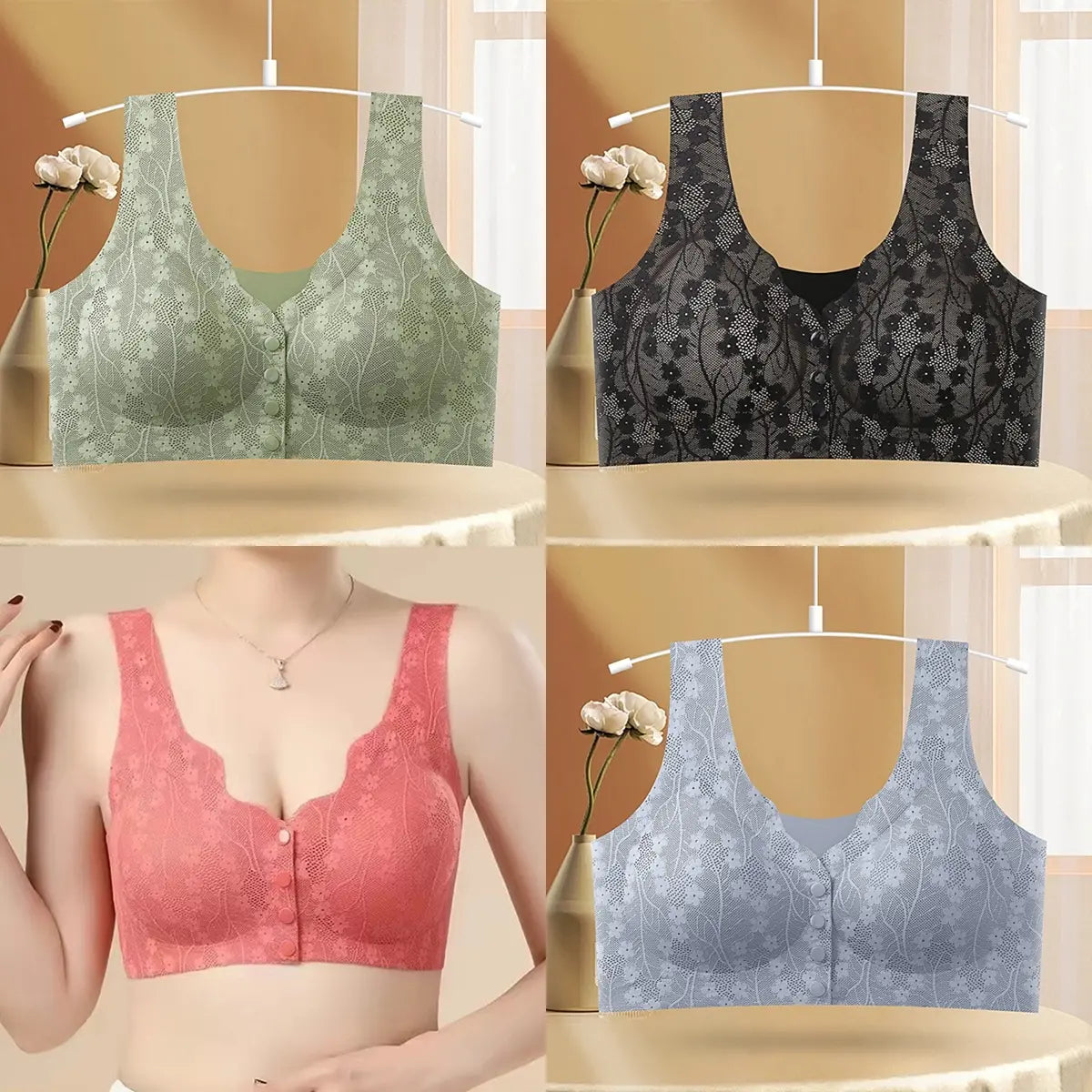 😍【Embalagem com 5】Soutien feminino sem aro com botão frontal