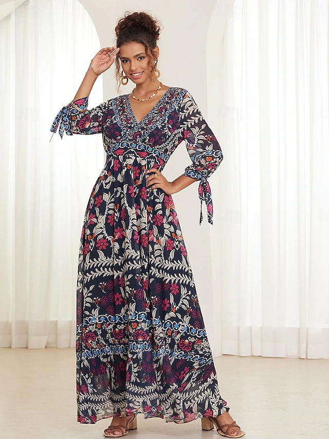 💟【S-5XL】👗Abito ampio con scollo a V e volant floreali per donna, estate novembre 2024, stile bohémien per le vacanze