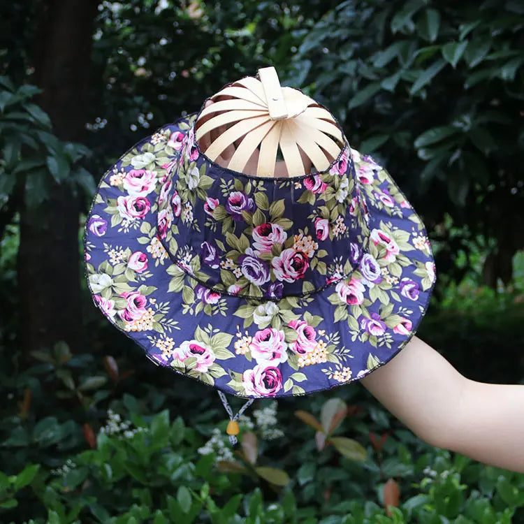 🌺 Cappello da viaggio pieghevole in bambù con ventaglio e parasole