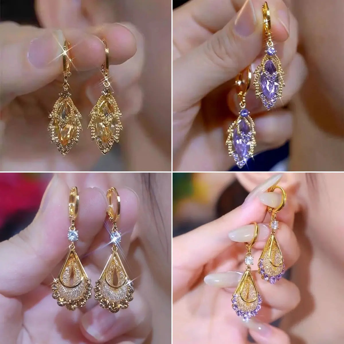 ✨【4 pares】Brincos elegantes em ouro com diamantes brilhantes
