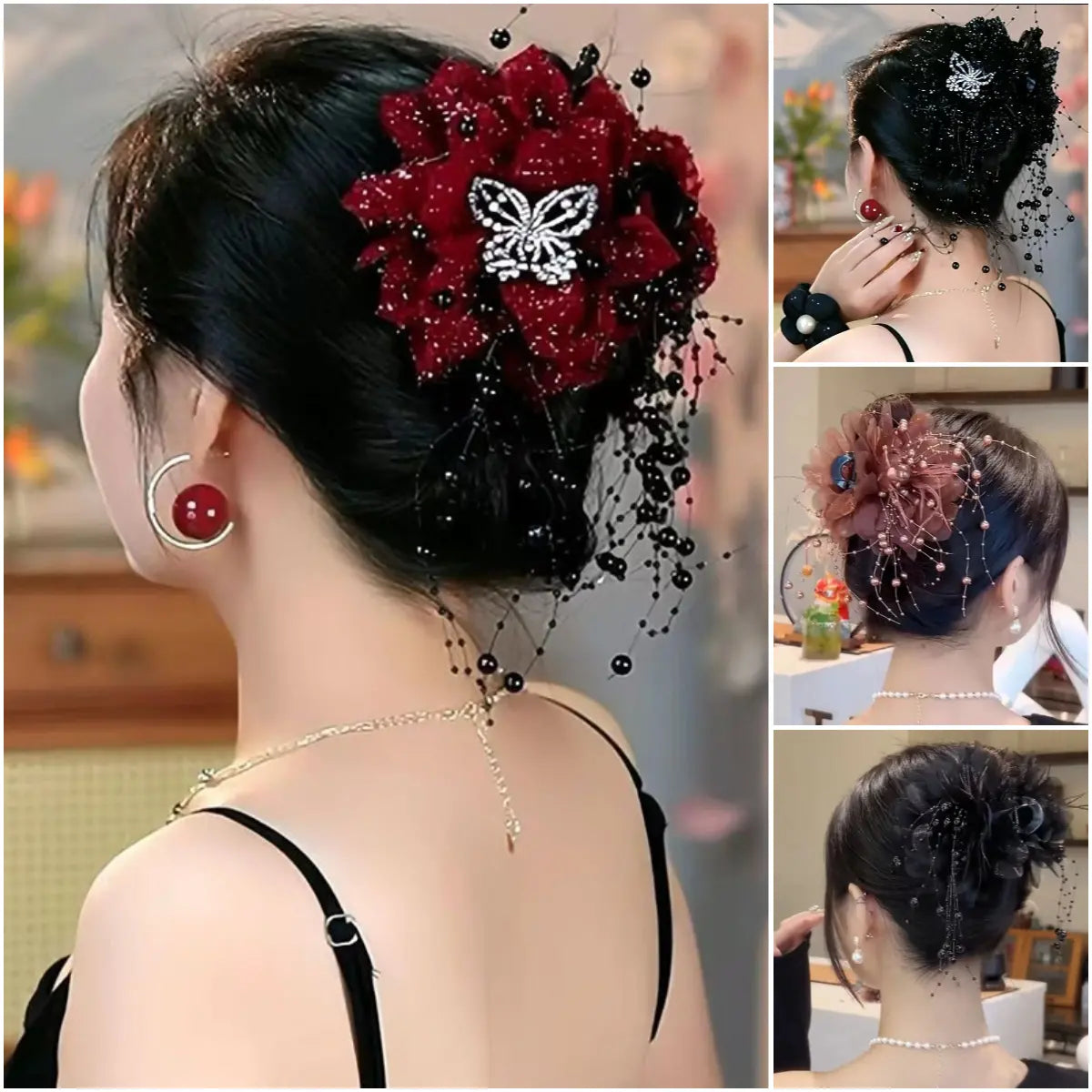 🔥【🦋Nuovi accessori per capelli 2025】Fermaglio per capelli con nappa a forma di farfalla e rosa