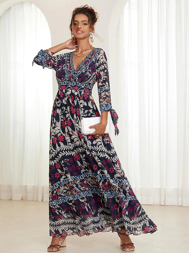 💟【S-5XL】👗Abito ampio con scollo a V e volant floreali per donna, estate novembre 2024, stile bohémien per le vacanze