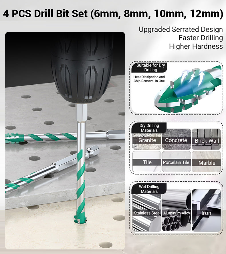 【6+8+10+12mm】【10 PZ】Punta universale per trapano con 4 bordi seghettati per aprire e allargare i fori