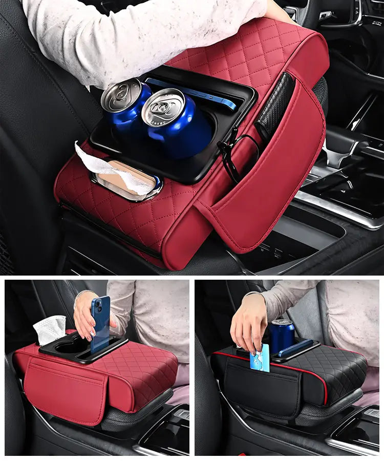 Almofada de apoio de braço para automóvel em pele universal 4 em 1 ✅ Caixa de lenços embutida ✅ Suporte para copos
