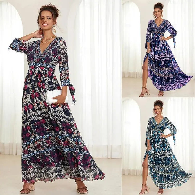 💟【S-5XL】👗Abito ampio con scollo a V e volant floreali per donna, estate novembre 2024, stile bohémien per le vacanze