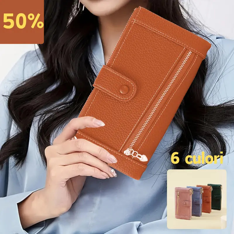 💰【Acquista 1 e ricevi 1 gratis】Portafoglio da donna retrò in vera pelle con più scomparti per carte e doppia cerniera