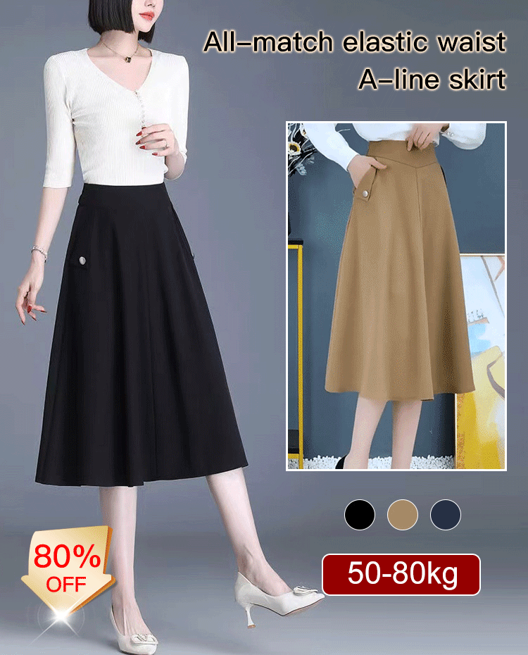 ✨Nova saia versátil estilo A com corte meio corpo. Saia de meia-comprimento com cintura elástica e bolsos