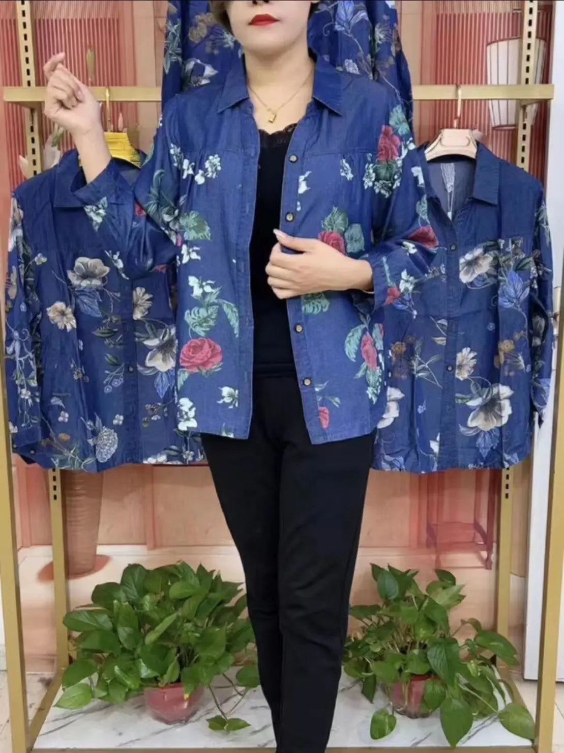 đ„ăS - 5XLăCamicia in denim di seta ghiacciata per mamme di mezza etĂ