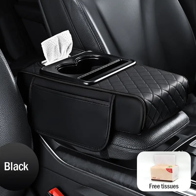 Almofada de apoio de braço para automóvel em pele universal 4 em 1 ✅ Caixa de lenços embutida ✅ Suporte para copos