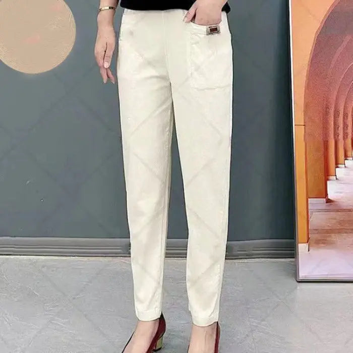 🎁【M-6XL】Calça casual versátil de cor sólida e microelástica de tamanho grande