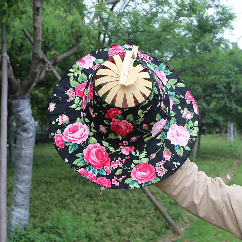 🌺 Cappello da viaggio pieghevole in bambù con ventaglio e parasole