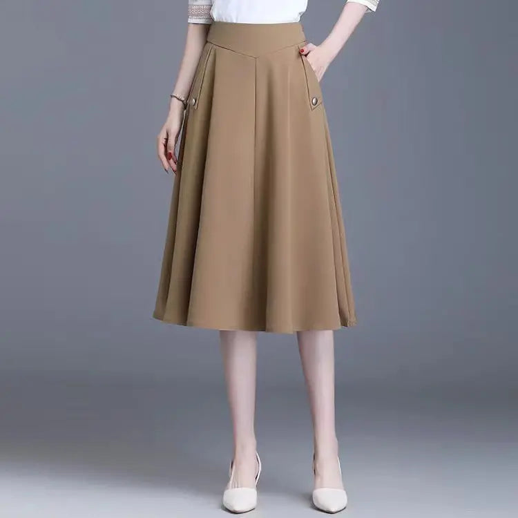 ✨Nova saia versátil estilo A com corte meio corpo. Saia de meia-comprimento com cintura elástica e bolsos