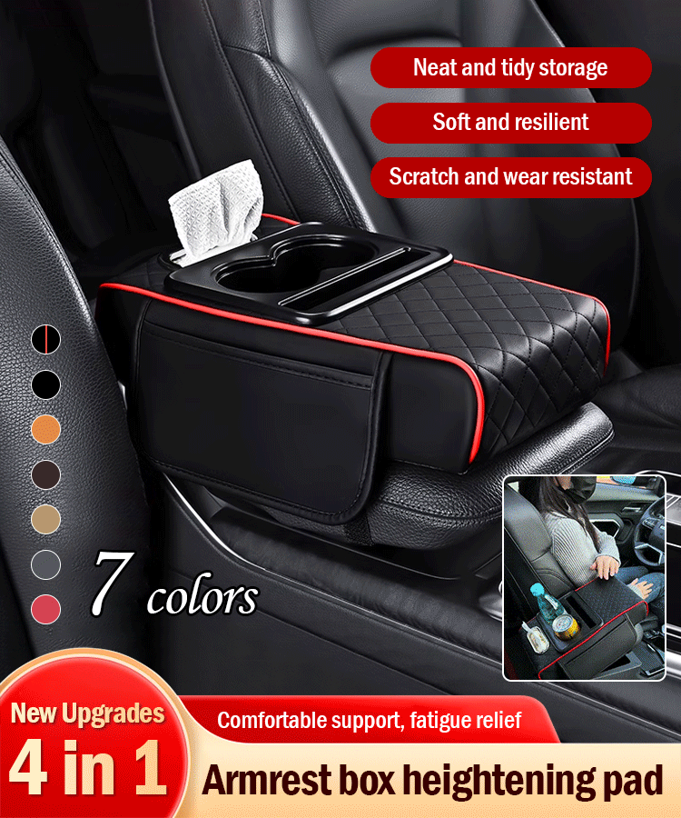 Almofada de apoio de braço para automóvel em pele universal 4 em 1 ✅ Caixa de lenços embutida ✅ Suporte para copos