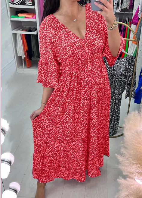 😍【S-5XL】2025 Nuovo abito con stampa floreale e scollo a V taglie forti