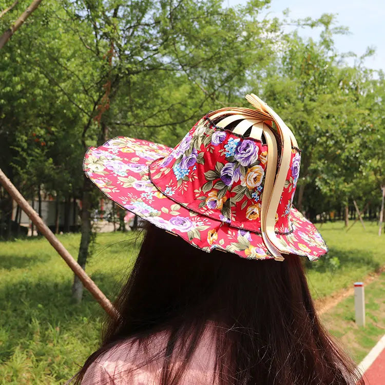 🌺 Cappello da viaggio pieghevole in bambù con ventaglio e parasole