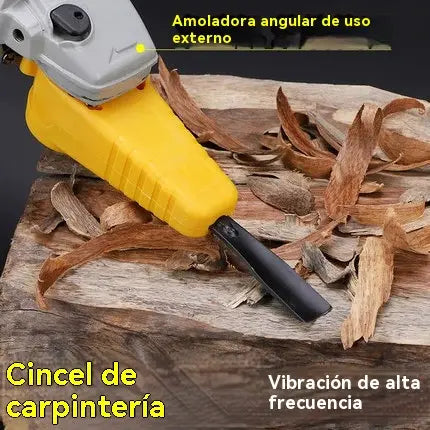 Rebarbadora angular modificada para se converter num formão elétrico para trabalhos em madeira.