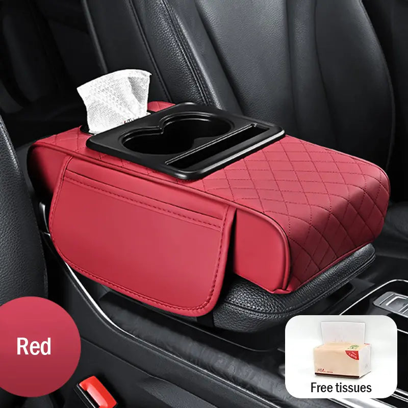 Almofada de apoio de braço para automóvel em pele universal 4 em 1 ✅ Caixa de lenços embutida ✅ Suporte para copos