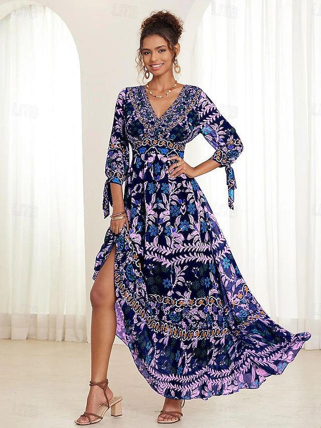 💟【S-5XL】👗Abito ampio con scollo a V e volant floreali per donna, estate novembre 2024, stile bohémien per le vacanze