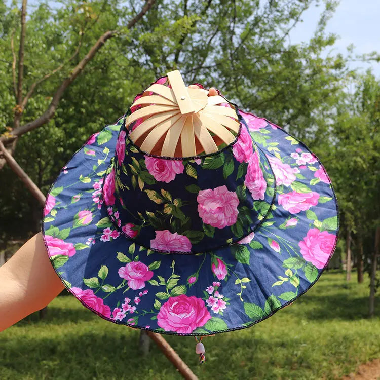 🌺 Cappello da viaggio pieghevole in bambù con ventaglio e parasole
