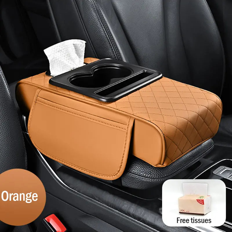 Almofada de apoio de braço para automóvel em pele universal 4 em 1 ✅ Caixa de lenços embutida ✅ Suporte para copos