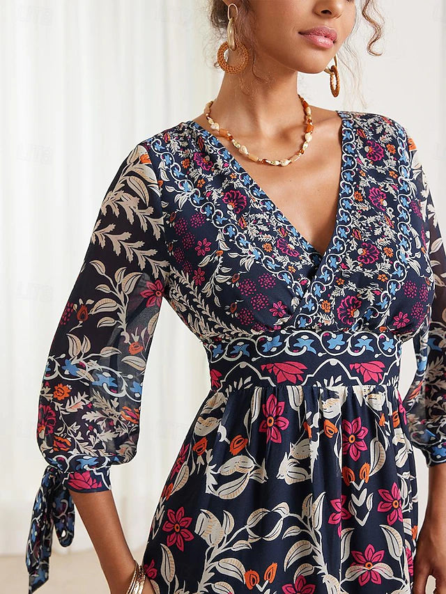 💟【S-5XL】👗Abito ampio con scollo a V e volant floreali per donna, estate novembre 2024, stile bohémien per le vacanze