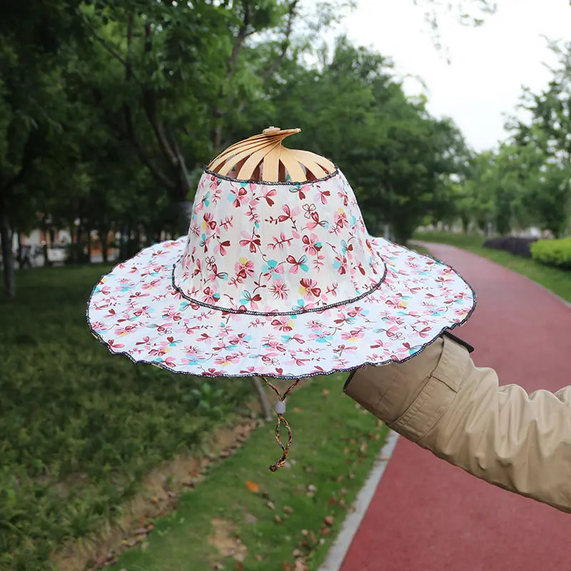 🌺 Cappello da viaggio pieghevole in bambù con ventaglio e parasole