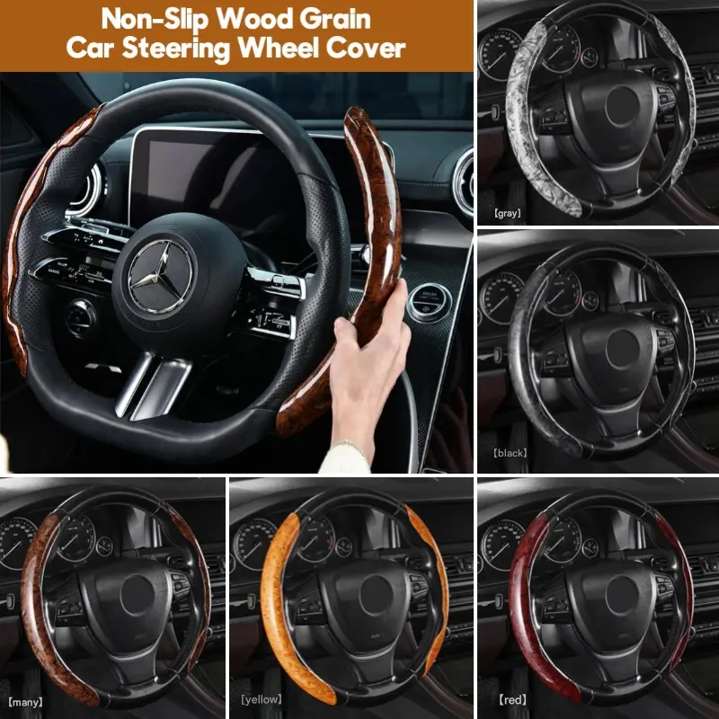 ✨Alta qualidade✨🚗🚗【1 conjunto de 3 peças】 Capa de volante antiderrapante com textura de madeira para o carro