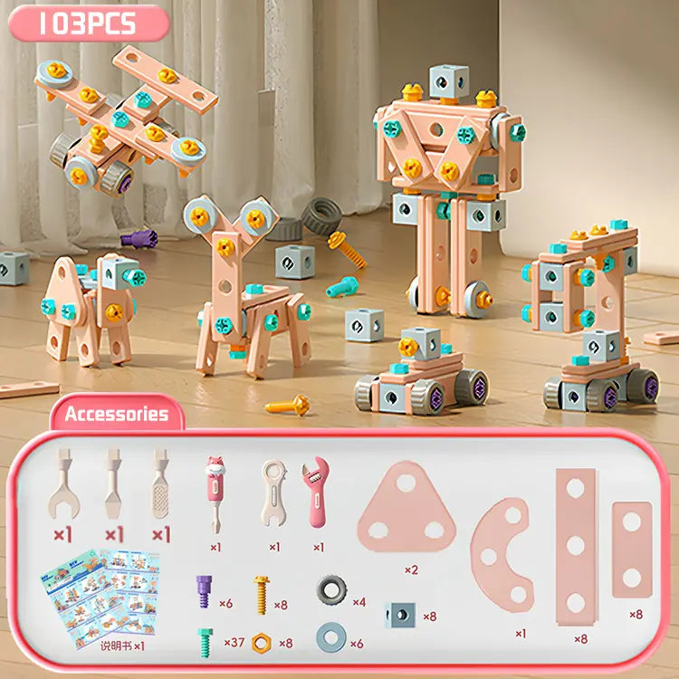 【60/103/144 peças】🌈Brinquedos de parafuso DIY: brinquedos educativos com blocos de construção simples, brinquedos, caixas de ferramentas e berbequins elétricos