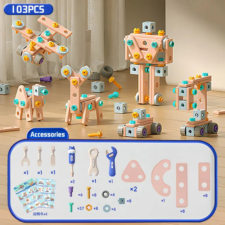 【60/103/144 peças】🌈Brinquedos de parafuso DIY: brinquedos educativos com blocos de construção simples, brinquedos, caixas de ferramentas e berbequins elétricos