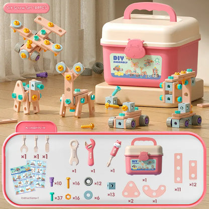 【60/103/144 peças】🌈Brinquedos de parafuso DIY: brinquedos educativos com blocos de construção simples, brinquedos, caixas de ferramentas e berbequins elétricos