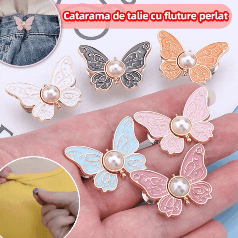 Calças de botões com detalhe de borboleta de pérola na cintura, cintura fixa.