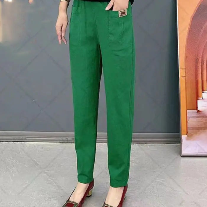 🎁【M-6XL】Calça casual versátil de cor sólida e microelástica de tamanho grande