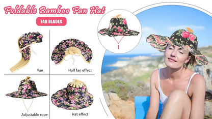 🌺 Cappello da viaggio pieghevole in bambù con ventaglio e parasole