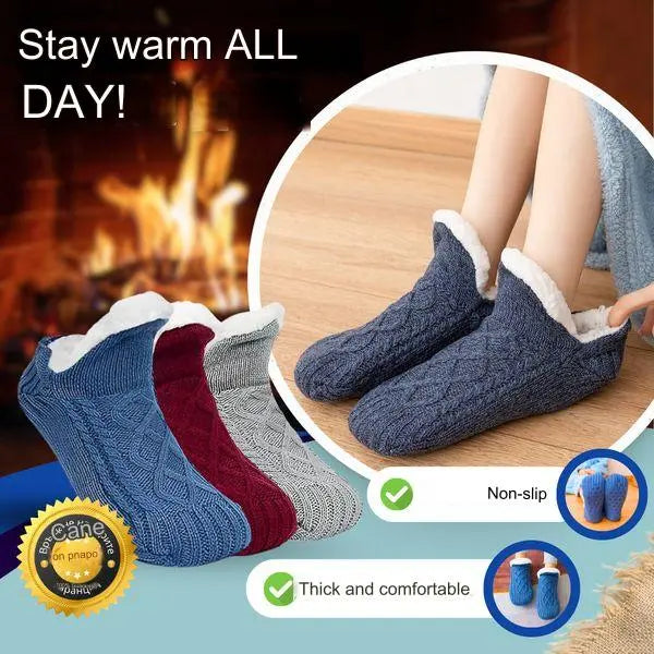🧦【3/6 pares】 Pantufas e meias de inverno quentes com forro de lã grossa e sola de borracha antiderrapante