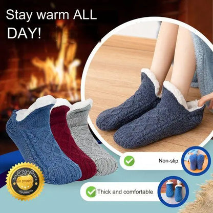 🧦【3/6 pares】 Pantufas e meias de inverno quentes com forro de lã grossa e sola de borracha antiderrapante