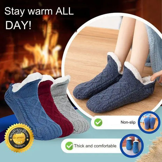 🧦【3/6 pares】 Pantufas e meias de inverno quentes com forro de lã grossa e sola de borracha antiderrapante