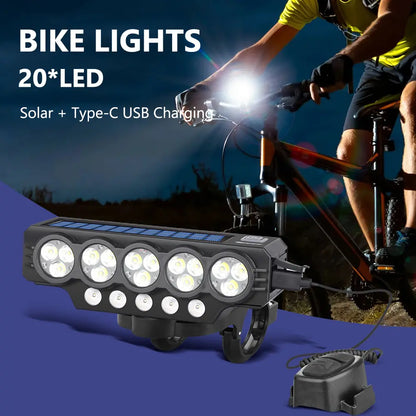 🚨💡 Farol solar para bicicleta com carregamento USB e altifalante, 900 lúmens, luz noturna de longa duração para ciclismo