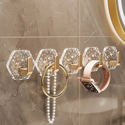 💥🏆【10/20/30 pezzi】Appendiabiti esagonali senza foratura. 💎 Design elegante con texture iceberg: facile da incollare, supporto forte, nessuna traccia 🛁