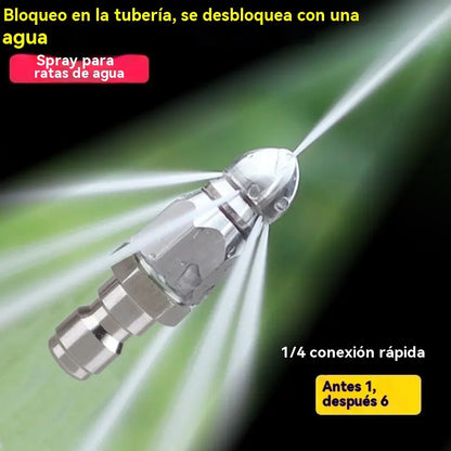 🛠️Bocal de jato de água de alta pressão, em aço inoxidável, com ligação rápida de 1/4", frontal e traseira, seis bicos, para limpeza e desentupimento de tubagens de esgoto.